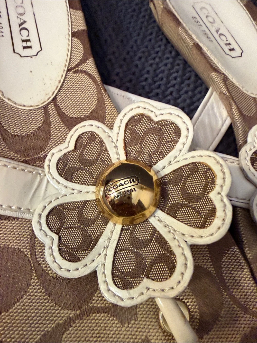 Coach Beige Signature Floral Thong Sandals with Gold Accent